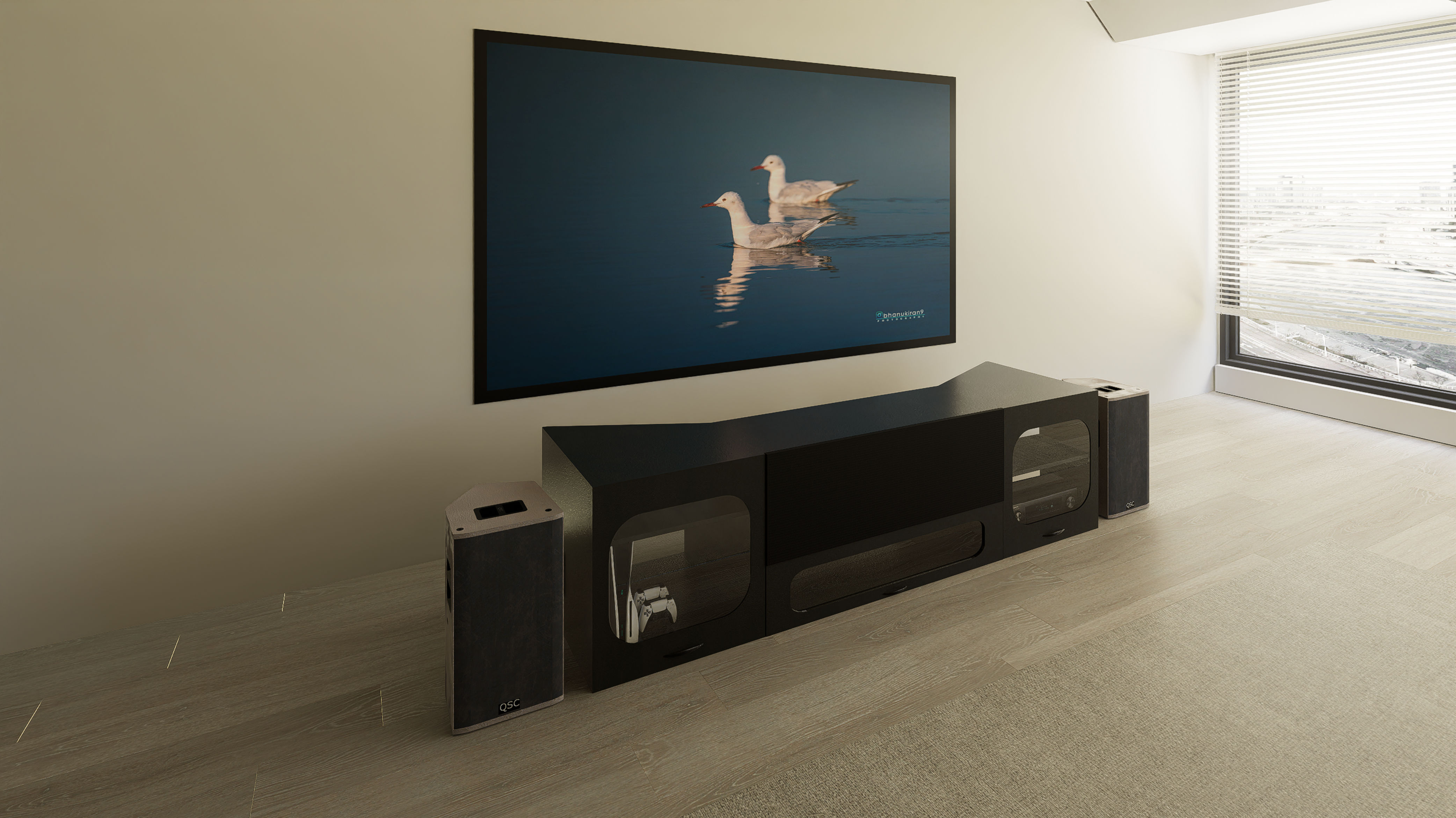 High‑Profile Black UST Projector & Center Channel Cabinet for 80–200" Fixed Screens