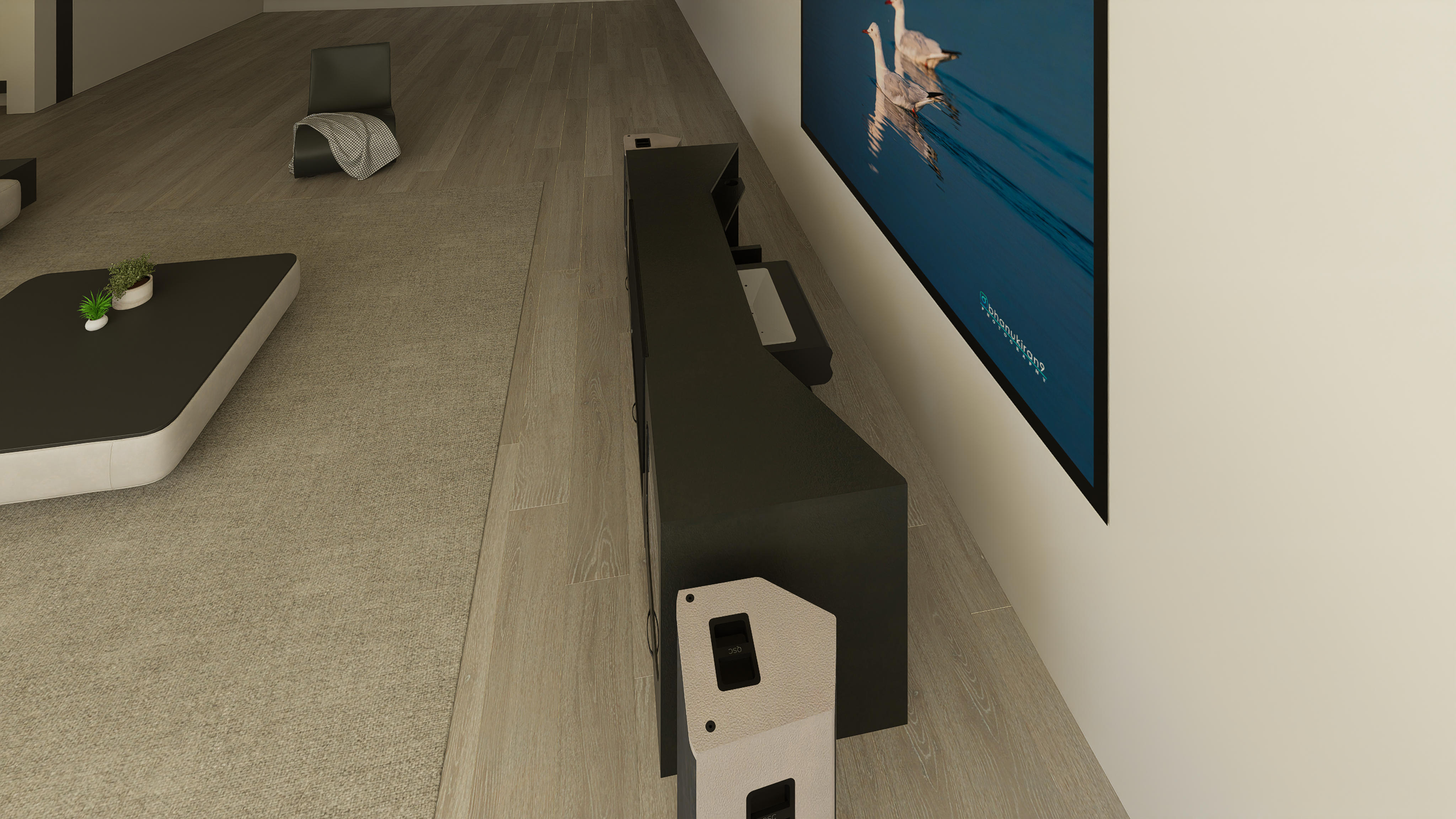 High‑Profile Black UST Projector & Center Channel Cabinet for 80–200" Fixed Screens