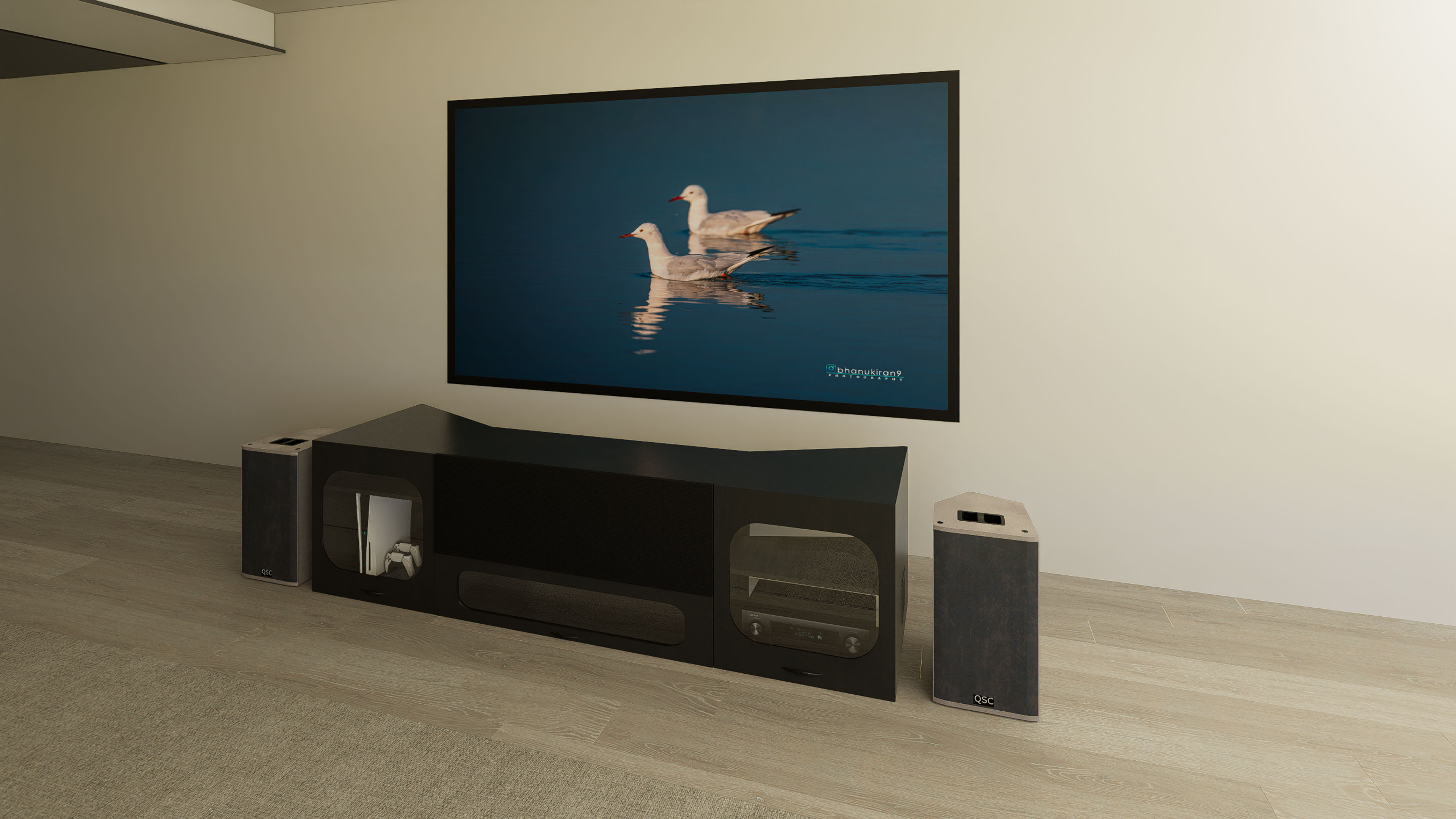 High‑Profile Black UST Projector & Center Channel Cabinet for 80–200" Fixed Screens
