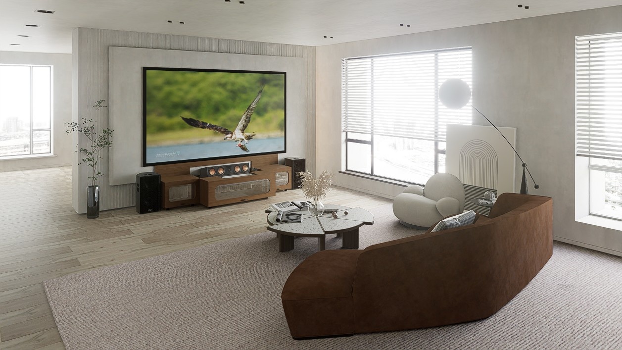 High Profile Sierra walnut Cabinet designed for integrating Ultra Short Throw Projector,Center Channel and Fixed screen with elegant doors.